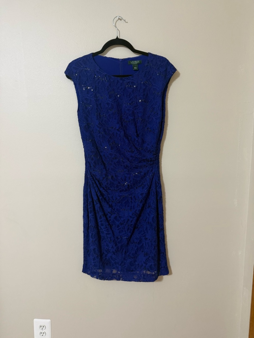 Ralph Lauren Royal Blue Cocktail Dress Sequin & Lace Details Size 12 Stretchy
